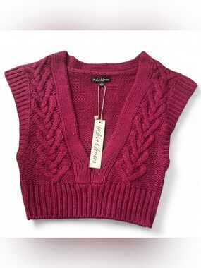 New with tag: For Love & Lemons Cable Knit V-Neck Sweater Vest - Wine